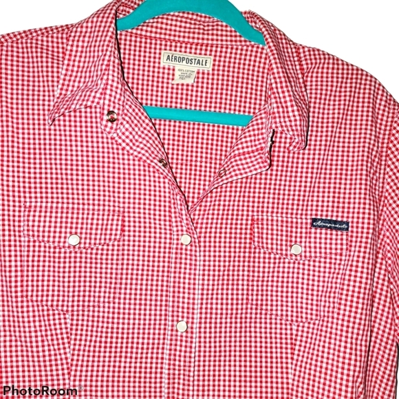 Aeropostale Women's Short Sleeve Collared Snap Up Top Red & White Check 535 - Picture 3 of 6